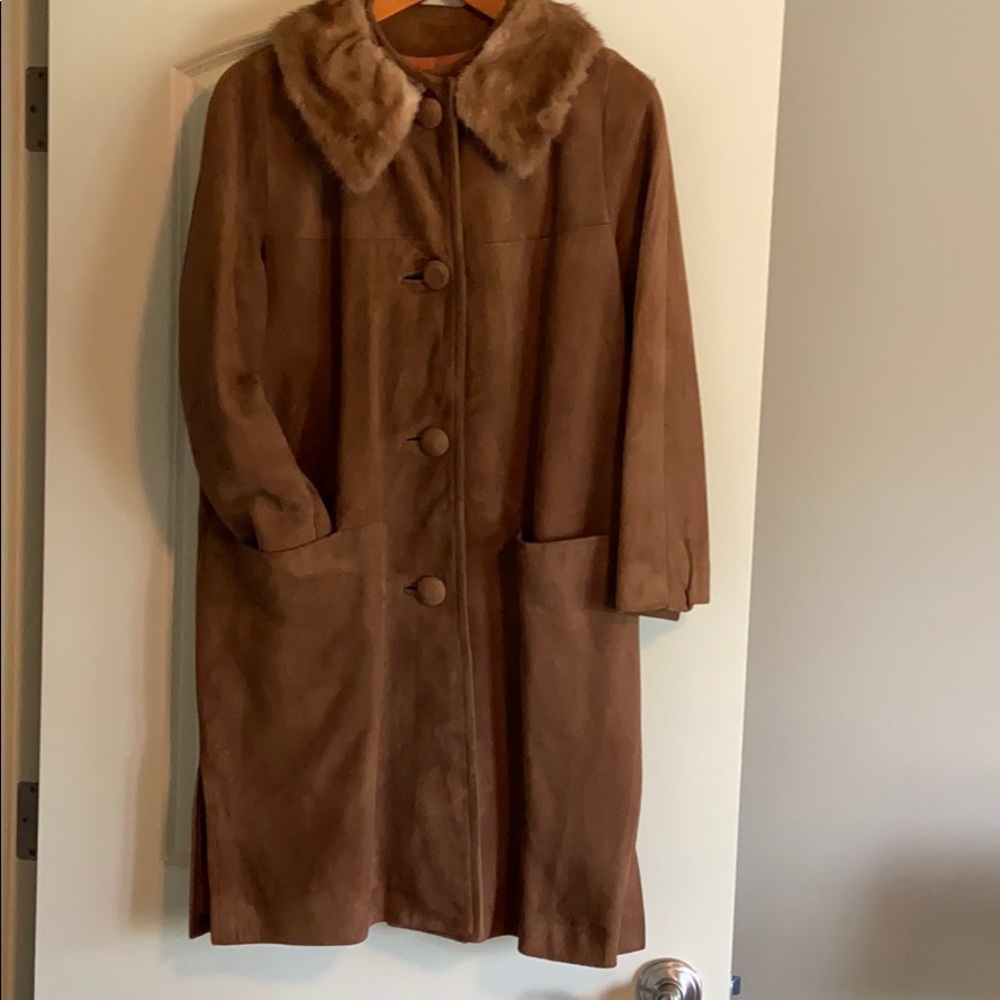 Vintage brown suede coat with beautiful, real fur collar.